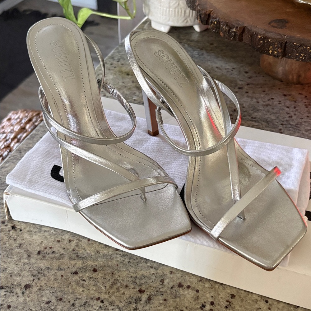 SCHUTZ Heloise Silver Strappy Heels NWT